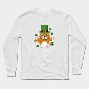 Cute St Patrick's Day Cat with Shamrocks Cartoon Long Sleeve T-Shirt